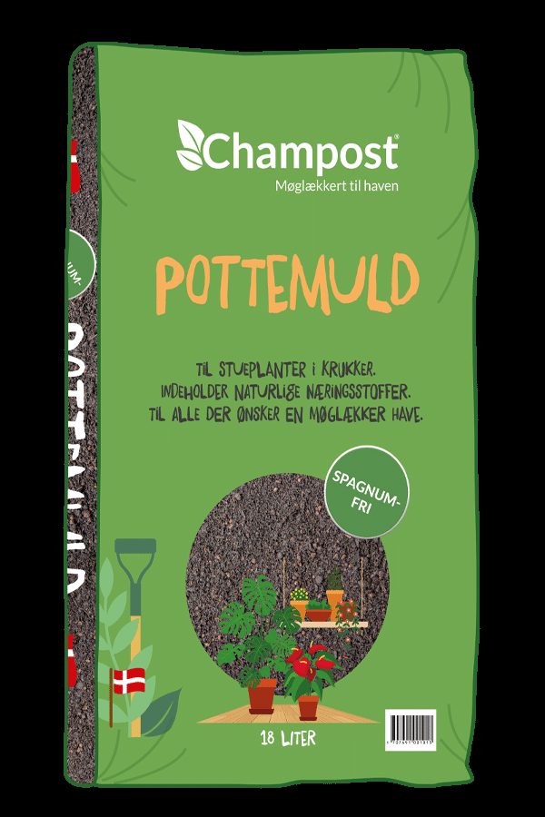 Pottemuld 18 l 3 <h2>Pottemuld 18 l</h2> <h2>Til dine indendørs planter</h2> <strong>18 liter</strong> Champost Pottemuld er specielt udviklet til indendørs potteplanter og velegnet til langt de fleste plantetyper. Pottemulden består af <strong>Champost Jordforbedring</strong> (komposteret hestemøg), <strong>komposteret skovmuld</strong>, <strong>Champost Vækst-ler</strong> og kompost af pileflis og kalvemøg. Blandingen er nøje sammensat, så næringsstofindholdet sikrer optimal plantevækst. Vækst-ler hjælper med at holde jorden fugtig i længere tid og samtidig bidrager det til en mere porøs jord. Derudover har vi tilsat kalk for at regulere jordens surhedsgrad (pH). Pottemuld 18 l