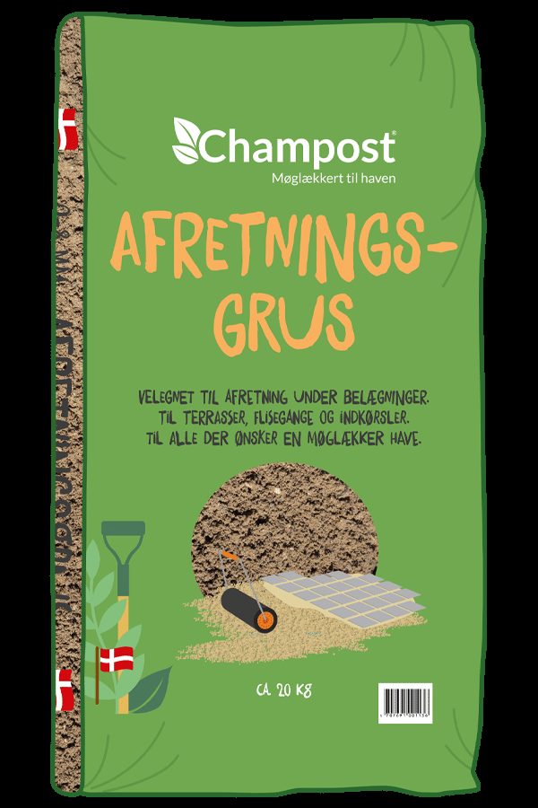 Afretningsgrus/Brolæggergrus 0-8 mm 20kg poser hel palle med 66 poser 3 <h3 data-start="245" data-end="339"><strong data-start="249" data-end="339">Afretningsgrus / Brolæggergrus 0–8 mm – 20 kg (Hel palle – 66 poser) – Gratis levering</strong></h3> <p data-start="341" data-end="621">Skal du i gang med at <strong data-start="363" data-end="390">lægge fliser eller sten</strong>, er <strong data-start="395" data-end="422">Champost Afretningsgrus</strong> – også kendt som <strong data-start="440" data-end="457">brolæggergrus</strong> – det ideelle valg. Gruset har en kornstørrelse på <strong data-start="509" data-end="519">0–8 mm</strong>, hvilket giver en <strong data-start="538" data-end="566">stabil og jævn overflade</strong>, som sikrer et solidt fundament under din belægning.</p> <p data-start="623" data-end="889">Afretningsgrus anvendes typisk som <strong data-start="658" data-end="735">underlag til fliser, chaussésten, betonsten og andre belægningsmaterialer</strong>. Den jævne struktur gør det nemt at planere og afrette, så du opnår et <strong data-start="807" data-end="845">professionelt og holdbart resultat</strong> i haven, på terrassen eller i indkørslen.</p> <p data-start="891" data-end="990">Leveres som <strong data-start="903" data-end="937">hel palle med 66 poser à 20 kg</strong> – <strong data-start="940" data-end="987">med gratis levering direkte til din adresse</strong>.</p> Der er gratis levering på denne varer. Afretningsgrus/Brolæggergrus 0-8 mm