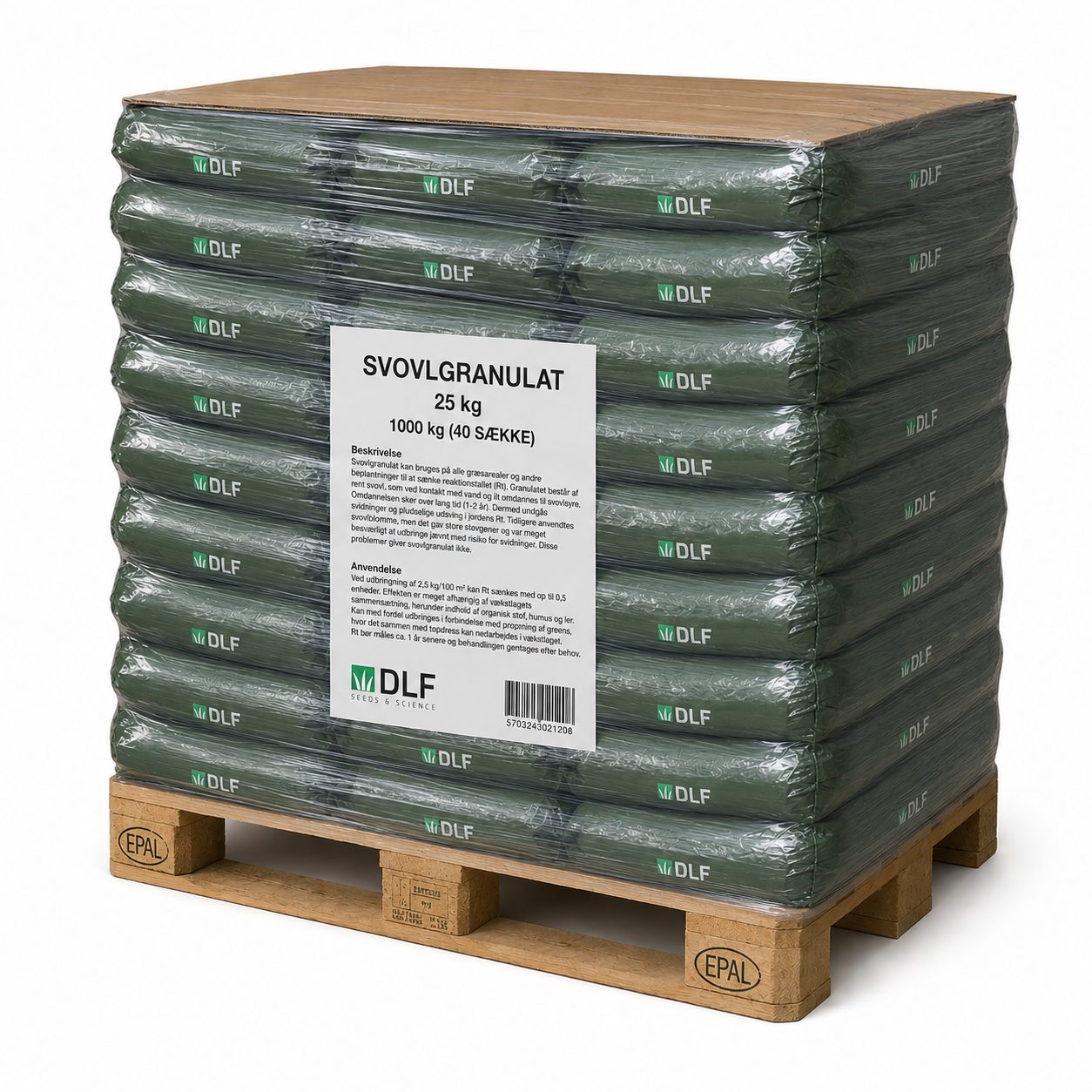Svovlgranulat i 25 kg sække hel palle 1000kg 3 <h2>Svovlgranulat i 25 kg sække hel palle 1000kg</h2> Beskrivelse Svovlgranulat kan bruges på alle græsarealer og andrebeplantninger til at sænke reaktionstallet (Rt). Granulatet består afrent svovl, som ved kontakt med vand og ilt omdannes til svovlsyre.Omdannelsen sker over lang tid (1-2 år). Dermed undgåssvidninger og pludselige udsving i jordens Rt. Tidligere anvendtessvovlblomme, men det gav store støvgener og var megetbesværligt at udbringe jævnt med risiko for svidninger. Disseproblemer giver svovlgranulat ikke. Svovlgranulat i 25 kg sække hel palle 1000kg